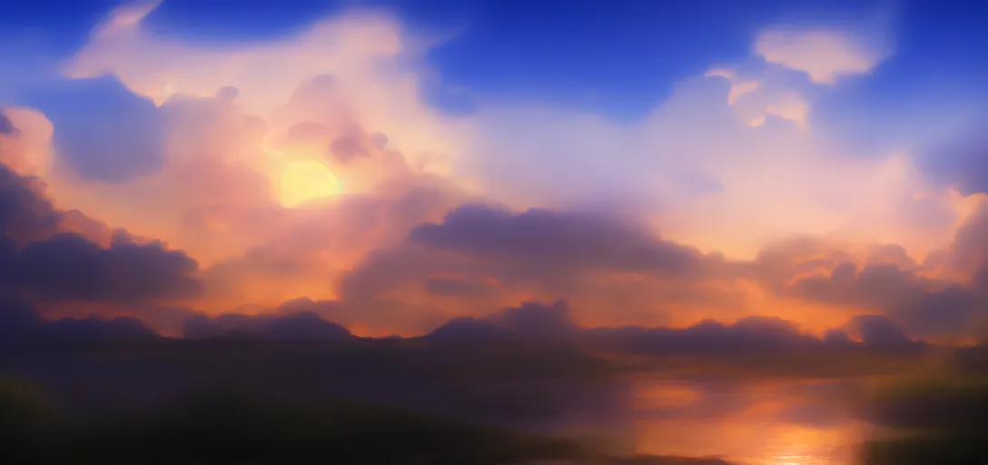 Image similar to peaceful puffy cloud with sunset in the background, matte painting, trending on artstation, artstationHQ, unreal engine, 4k, 8k, anime style