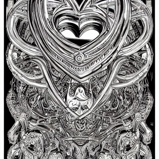 Image similar to a chrome carved heart, intricate artwork, graphic style of Patrick Gleason very coherent symmetrical artwork,