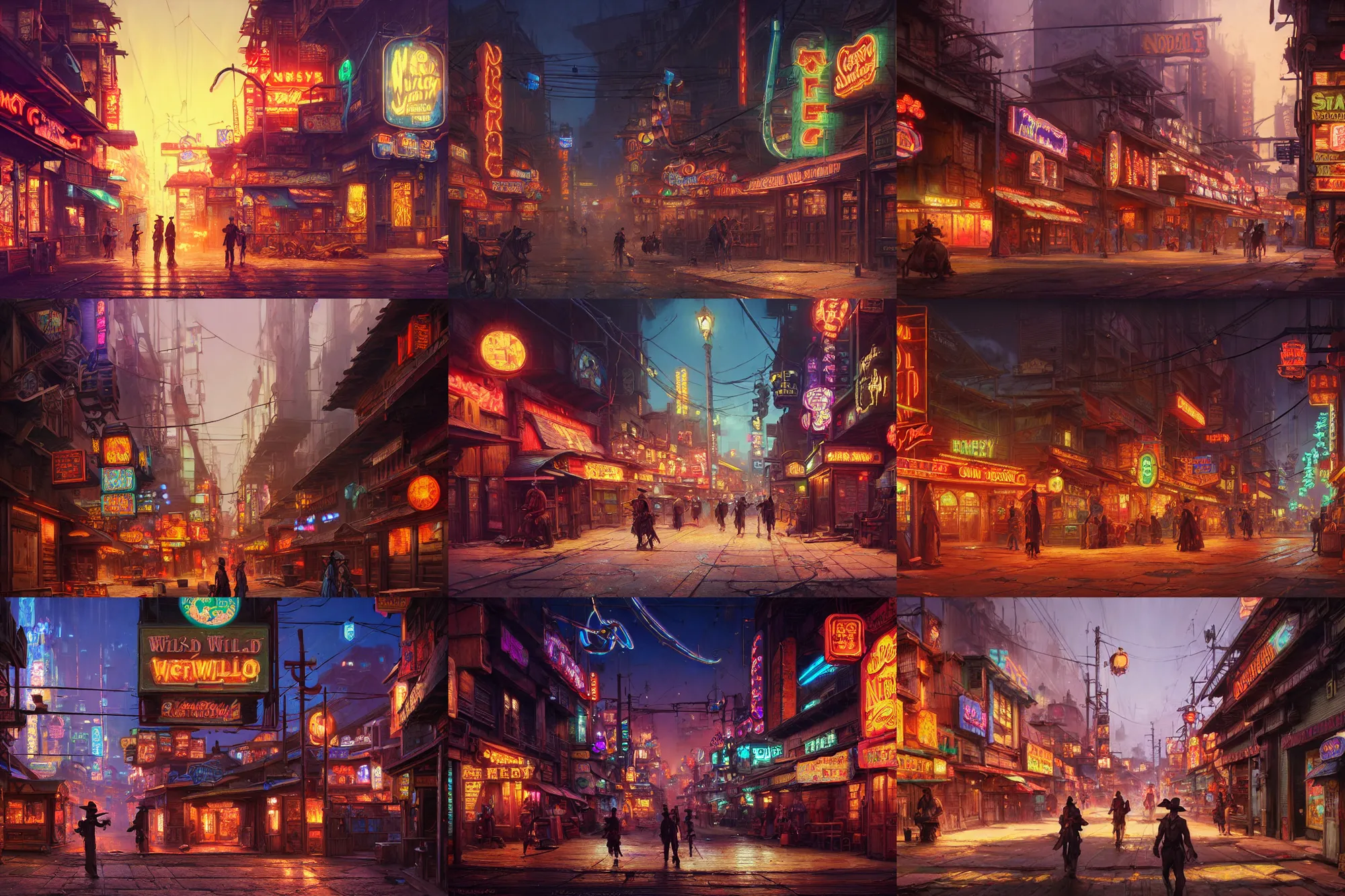 Image similar to A very detailed street-level view of a magical wild-west town at night with wooden buildings and colorful neon lights; beautiful dangerous detailed digital rational painting art by Greg Rutkowski, magic fantasy highly detailed, digital concept art, sharp focus, realistic concept art by Stephen Hickman and James Gurney and Hiromasa Ogura Ghost in the Shell rendered in Octane Render, From a distance