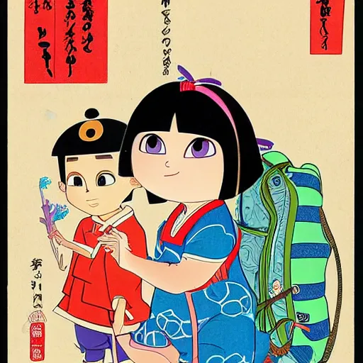 Image similar to real girl dora the explorer and boot the monkey ukiyo-e highly detailed