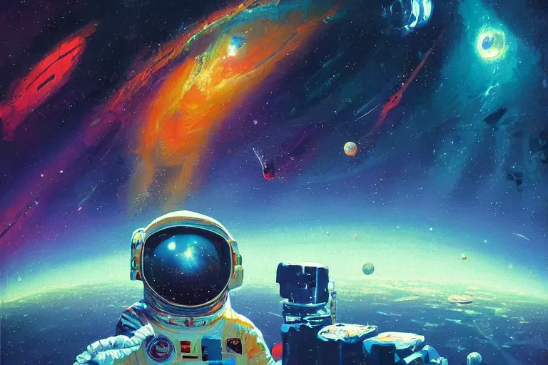 Image similar to digital painting of an astronaut floating in space, by paul lehr and vincent di fate, detailed, intricate, sharp focus, symmetry, sci fi, futurism, fantasy, neon lights, galaxies, stars, space, artstation, cinematic lighting, trippy, psychedelic art