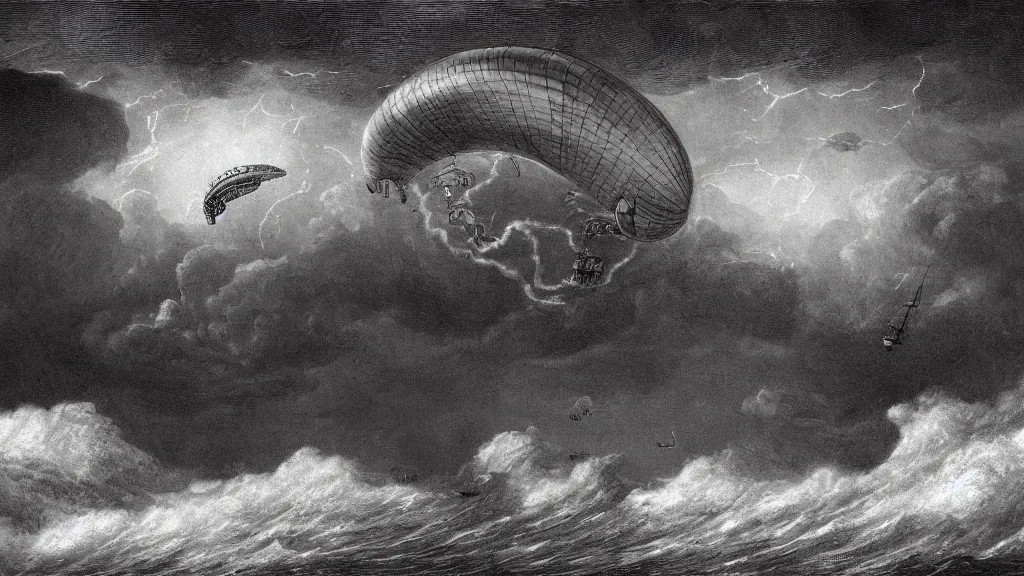 Image similar to drawing of one giant steampunk zeppelin flying above a stormy ocean, by gustave dore, nineteenth century, black and white, vintage, science fiction, epic composition, dramatic lighting, highly detailed, cinematic