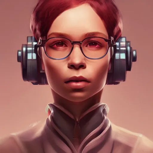 Prompt: an insanely detailed portrait of a beautiful inventor that looks like zoe kravitz with short red hair, wearing glasses, in the style of peter mohrbacher, artgerm, dramatic lighting and composition, octane render, trending on artstation, concept art 8 k