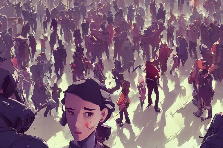 Prompt: a very anxious person in a crowd of mad people behance hd artstation by jesper ejsing, by rhads, makoto shinkai and lois van baarle, ilya kuvshinov, ossdraws, that looks like it is from borderlands and by feng zhu and loish and laurie greasley, victo ngai, andreas rocha