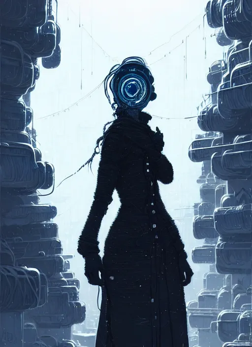 Image similar to highly detailed portrait of a frostpunk long curly white hair tribal lady, stray wiring by atey ghailan, james gilleard, by joe fenton, by greg rutkowski, by greg tocchini, by kaethe butcher, 4 k resolution, gradient blue, black and white color scheme!!! ( ( glaciated robotic dystopian city background ) )