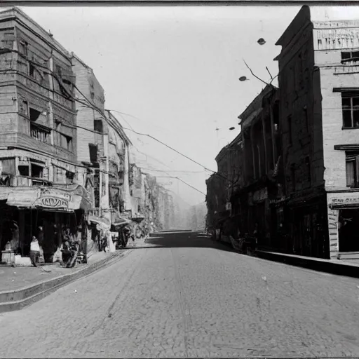 Prompt: city street at 1 9 3 0 s. low angle. old photo