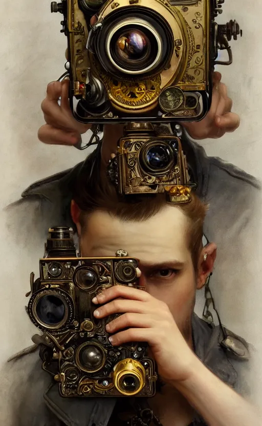 Image similar to hyper realistic male photographer looking through a vintage steampunk medium format camera, design on white background, beautiful details, lush foliage cyberpunk, gold, drawn by john singer sargent, tom bagshaw, norman rockwell, alphonso mucha, lolish, trending on artstation