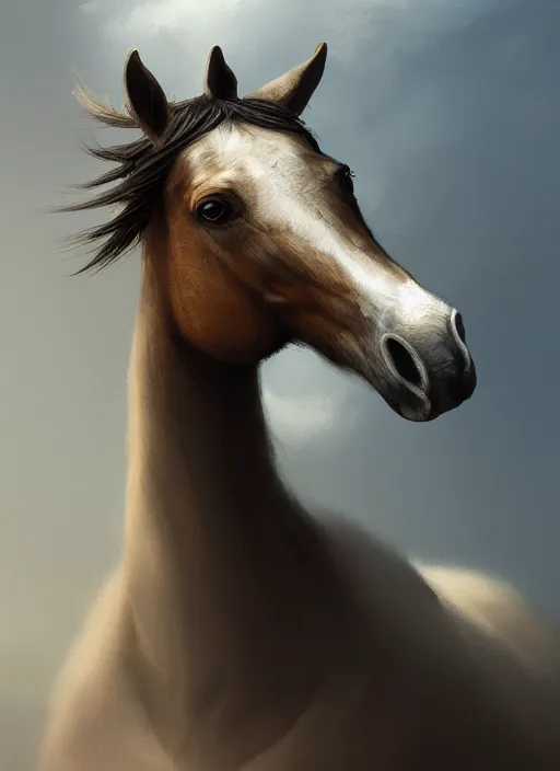 Image similar to oil painting bird's eye view of a horse on a white background seen from above, concept art, digital art, artstation, cinematic, digital art painting by greg rutkowski, cinematic lighting