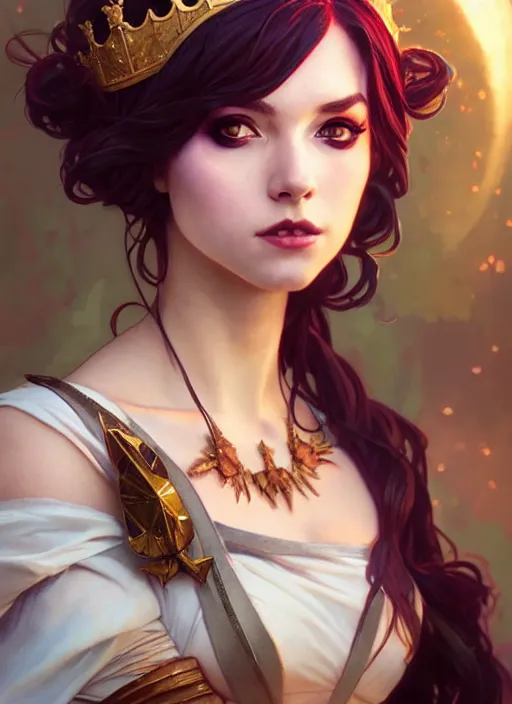 Image similar to rolyat as queen, incredibly detailed face, pretty face, light dress, true anatomy, art by artgerm and greg rutkowski and alphonse mucha