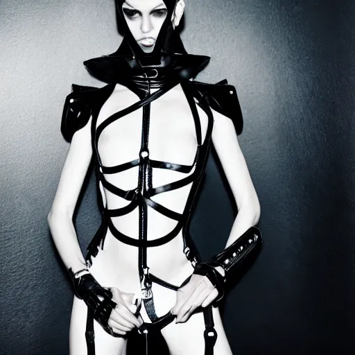 Image similar to fashion photography of an extraterrestrial model, holding a leather whip, wearing demobaza fashion, inside berghain, berlin fashion, harness, futuristic fashion, dark minimal outfit, photo 3 5 mm leica, hyperdetail, berghain, 8 k, very detailed, photo by nick knight