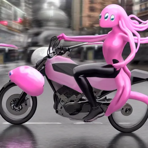 Image similar to hyper realistic, photo, humanoid pink female Squid girl, popping wheelie on motorcycle fast in the rainy city traffic