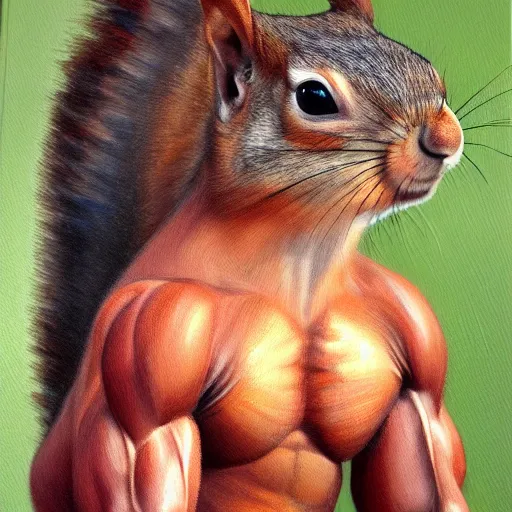 Image similar to oil painting of a muscular!!!! squirrel with bulging!! human!! biceps!!!!, 8 k, high quality