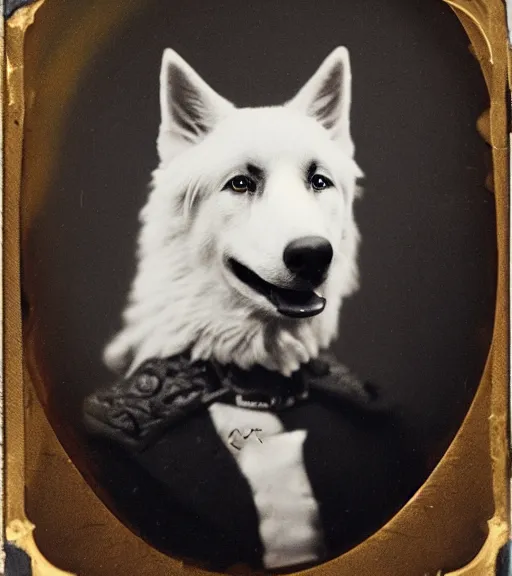 Image similar to professional studio photo portrait of anthro anthropomorphic albino german shepard head animal person fursona serious wearing elaborate military general uniform clothes degraded medium by Louis Daguerre daguerreotype tintype