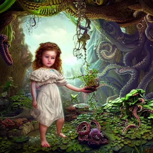 Prompt: detailed matte painting of a full complete head and body view of a beautiful victorian girl child touching an octopus plant in a garden by android jones, 8 k, realistic