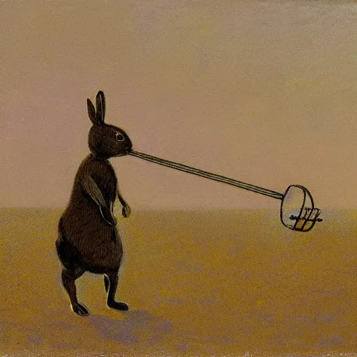 Image similar to a rabbit using a metal detector, in the style of ilya repin