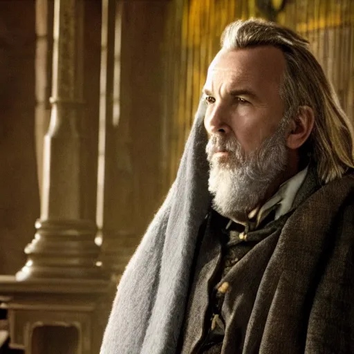 Image similar to Kevin Costner as Dumbledore in Harry Potter Film Series, Warner Brothers, Film Still, 35mm dramatic lighting, cinematic, deep focus, styleframe,