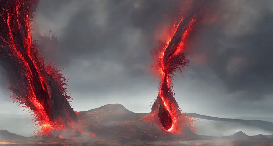 Image similar to a volcano made of ivory vines and crimson rocks enters in eruption, it spits a smoke in the shape of demonic eye, by Ruan jia