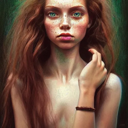 Image similar to ! beautiful hyperrealism hyperdetailed selfie of a cute young woman with vivid emerald green eyes, sitting in her car, long bronze brown hair, flushed face, red blush, light freckles, big puffy lips, smiling softly, soft features, 8 k, sharp focus, art by irakli nadar, instagram, portra 4 0 0