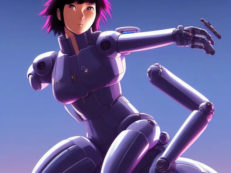 Image similar to a fullbody portrait of motoko kusanagi riding on top of a tachikoma : : stand alone complex, ghost in the shell, netflix : : by ilya kuvshinov, rossdraws, artgerm, sola digital arts, anti aliasing, raytracing : :