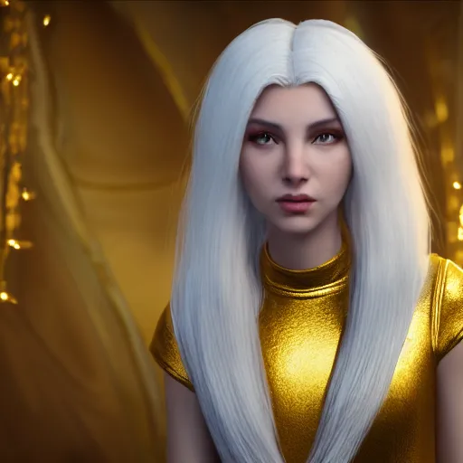 Prompt: a portrait of a girl with goddess like beauty with white hair and golden ornaments around her dress and hair, 8 k uhd, unreal engine, octane render in the artstyle of ilya kushinov and zeenchin