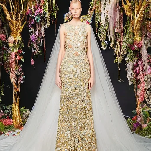 Image similar to a long wedding dress with a train made of flower petals made of light - colored fabric. transparent in places. in places, patterns of precious stones. intricate patterns of gold thin threads. fantasy. clear details