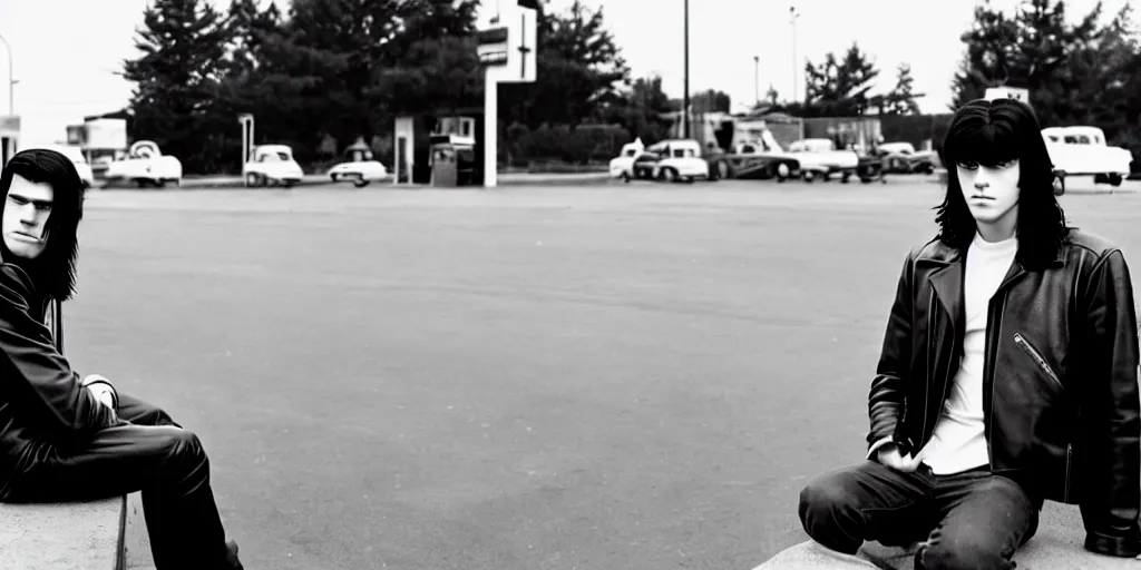 Image similar to a handsome young thug like male teen wearing a black leather jacket has long black hair sitting outside of a gas station, 6 0 s era, film still, anamorphic lens, photoreal, award winning