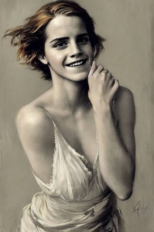 Image similar to emma watson smiling squinting detailed portrait painting by gaston bussiere craig mullins j. c. leyendecker photograph by richard avedon peter lindbergh