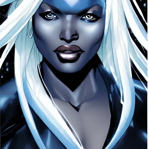 Prompt: Portrait of Ororo Munroe, a beautiful African woman in her 30s, with white hair and piercing blue eyes, symmetrical face, detailed face, soft face, gentle expression, graphic novel, art by Ardian Syaf and Pepe Larraz,