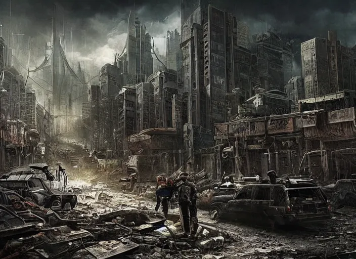 Image similar to an unbelievable dystopian scene, highly detailed, contrasting colours, dark