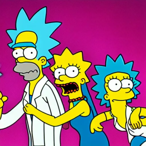 Prompt: The Simpsons take on Rick and Morty in an epic battle, anime style