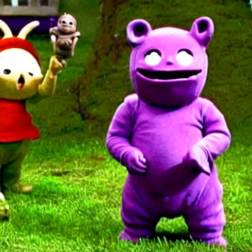 Image similar to tinky winky eating alive insects, horror, creepy, teletubbies lost creepy spooky bloody episode, realistic,