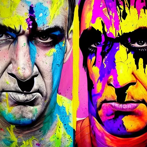 Prompt: bilateral half split portrait, saul goodman, batman, splatter paint