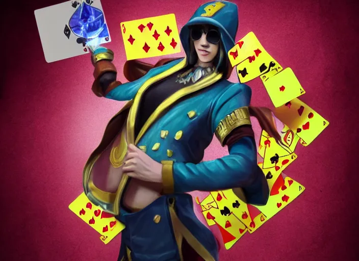Prompt: champion splashart of champion made out of gambling addict holding an ace card