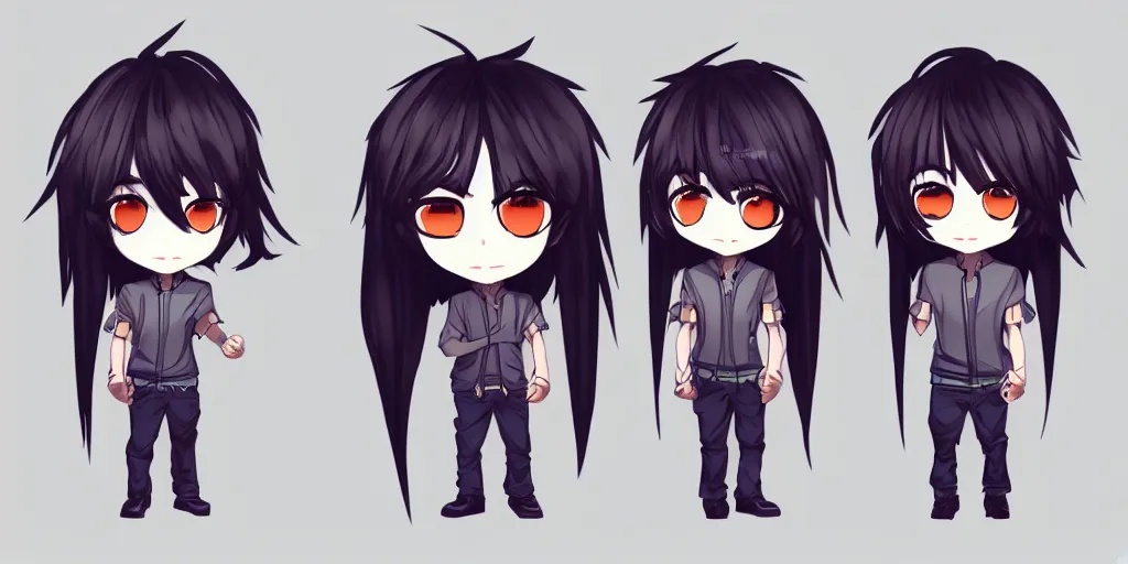 Image similar to chibi style male anime character, long dark hair, symmetrical facial features, 8 k, interesting composition, creative color choice, detailed drawing, trending on artstation, hd