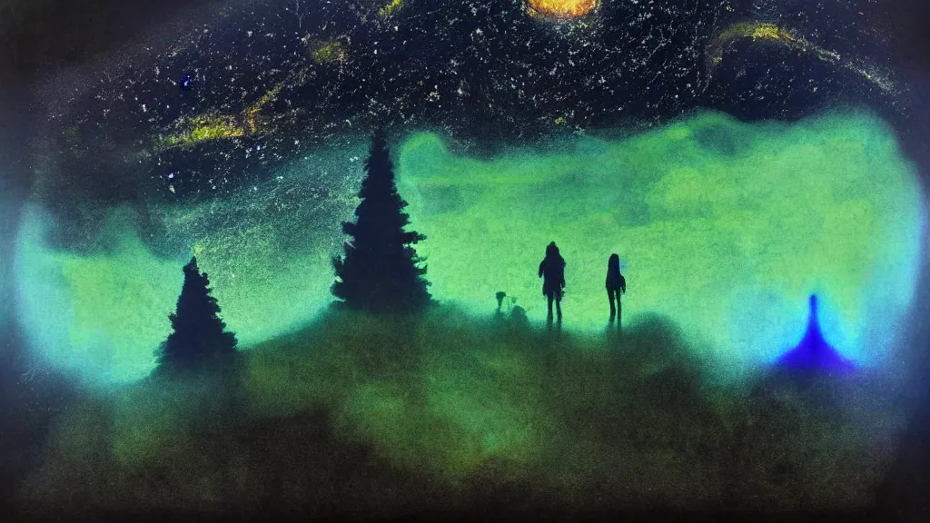 Image similar to night time visionary mixed media of a nocturnal brocken spectre in the sky, sky filled with stars, starlight, moonlight, above the mystical green hill, occult, immanence, awe sublime, volumetric lighting, with some silhouettes of hikers in the distance