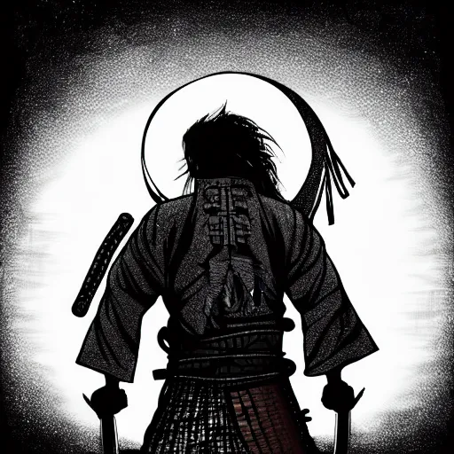 Image similar to a portrait from behind of a samurai man vagabond with a moon behind him, the samurai is wrapped in chains, detailed, illustration, concept art, ink style, sketch