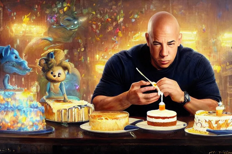 Prompt: portrait of vin diesel eating cake alone wearing a birthday hat, an oil painting by ross tran and thomas kincade