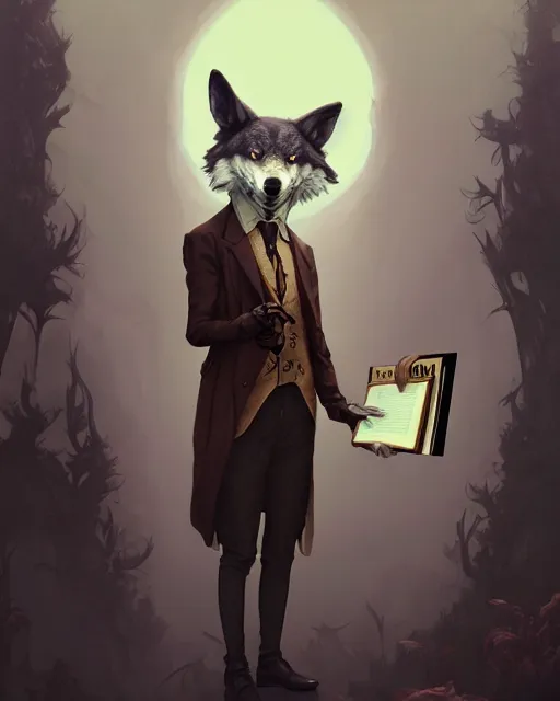 Image similar to anthropomorphic art of a detective wolf, handsome, victorian inspired clothing by artgerm, victo ngai, ryohei hase, artstation. fractal papers and books. highly detailed digital painting, smooth, global illumination, fantasy art by greg rutkowsky, karl spitzweg