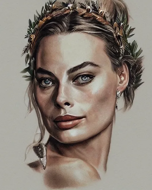 Image similar to realism tattoo sketch of margot robbie as a beautiful greek goddess aphrodite with piercing eyes wearing a laurel wreath and triangle earrings, in the style of greg rutkowski, amazing detail