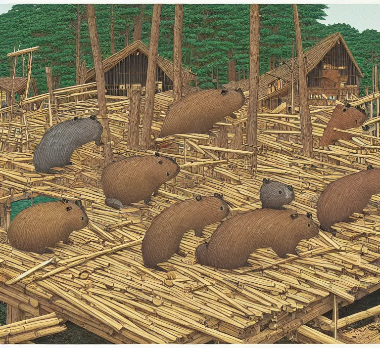 Prompt: photography hyperrealism concept art of anthropomorphic beavers builders that building city with sticks by hasui kawase