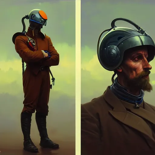 Prompt: portrait of a vicotrian engineer in suit with helmet by darek zabrocki and greg ruthkowski, alphonse mucha, simon stalenhag and cinematic and atmospheric, concept art, artstation, trending on artstation