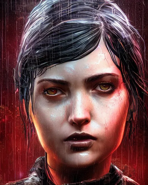 Prompt: An epic fantasy comic book style portrait painting of a very beautiful imposing Industrial goth Ellie (The Last of Us) in the rain, wet hair, neon reflections, character design by Mark Ryden and Pixar and Hayao Miyazaki, unreal 5, DAZ, hyperrealistic, octane render, cosplay, RPG portrait, dynamic lighting, intricate detail, cinematic