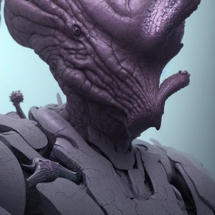 Image similar to a character in a scenic environment by wayne barlowe and nihei tsutomu, close up shot, dreamy hazy, biological armor, highly detailed, 3 d render, vray, octane, realistic lighting