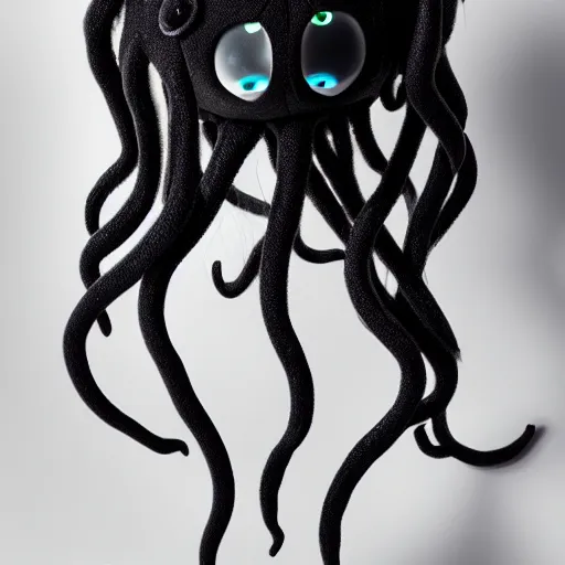 Image similar to cute fumo plush of a vantablack jellyfish girl with hundreds of tendrils, vray, black and white