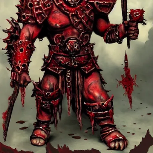 Prompt: Khorne, also called the Blood God, the Lord of Skulls, and Kharneth among many other titles, is the Chaos God of war, hatred, rage, wrath, blood, martial honour, strength and murder.
