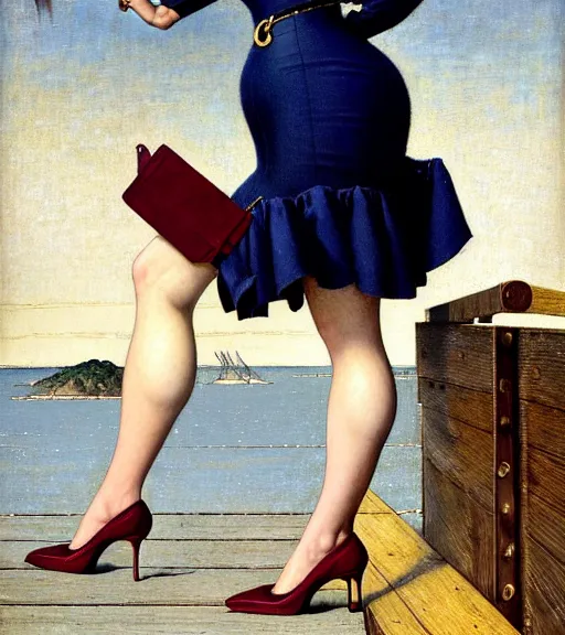 Prompt: a fancy beautiful plump young lady holding a purse standing on a wharf at the edge of the sea by brom and gil elvgren and jean delville and william blake and norman rockwell, crisp details, hyperrealism, smiling, happy, feminine facial features, stylish navy blue heels, gold chain belt, cream colored blouse, maroon hat, windblown