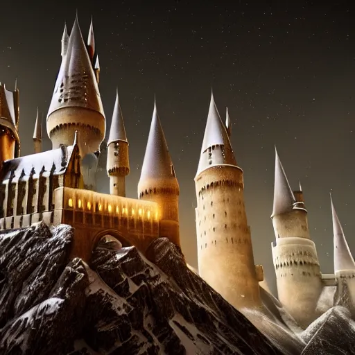 Prompt: hogwarts towers, night sky, mid shot, ultra detailed, hyperrealistic, octane render, unreal engine, snow, mist and fog, depth of field, intricate details, ornate