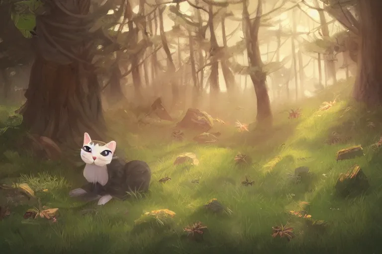 Prompt: cat in the forest, warm lighting, digital art, trending on artstation, fanart, by kawacy