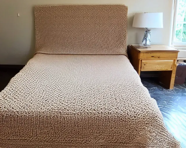 Image similar to crocheted bed, entire bed made of thick soft yarn woven in intricate patterns, comfy, comfortable, warm, soothing, relaxing, wholesome