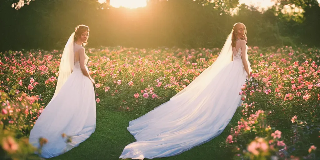 Prompt: analog photograph of beautiful bride from the back wearing a long flowing wedding dress in stunning flower garden at sunset by mark owen. pastel colours bokeh. cinematic. hq. detailed. contrast. cinestill 8 0 0 t